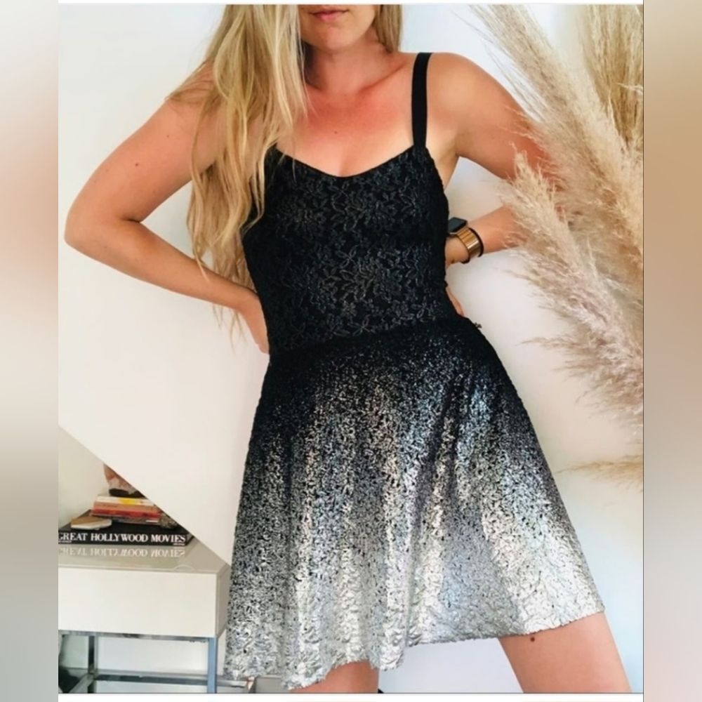 Free People Black Silver Ombre Metallic Brocade Knit Tank Mini Dress Size S - Picture 2 of 9